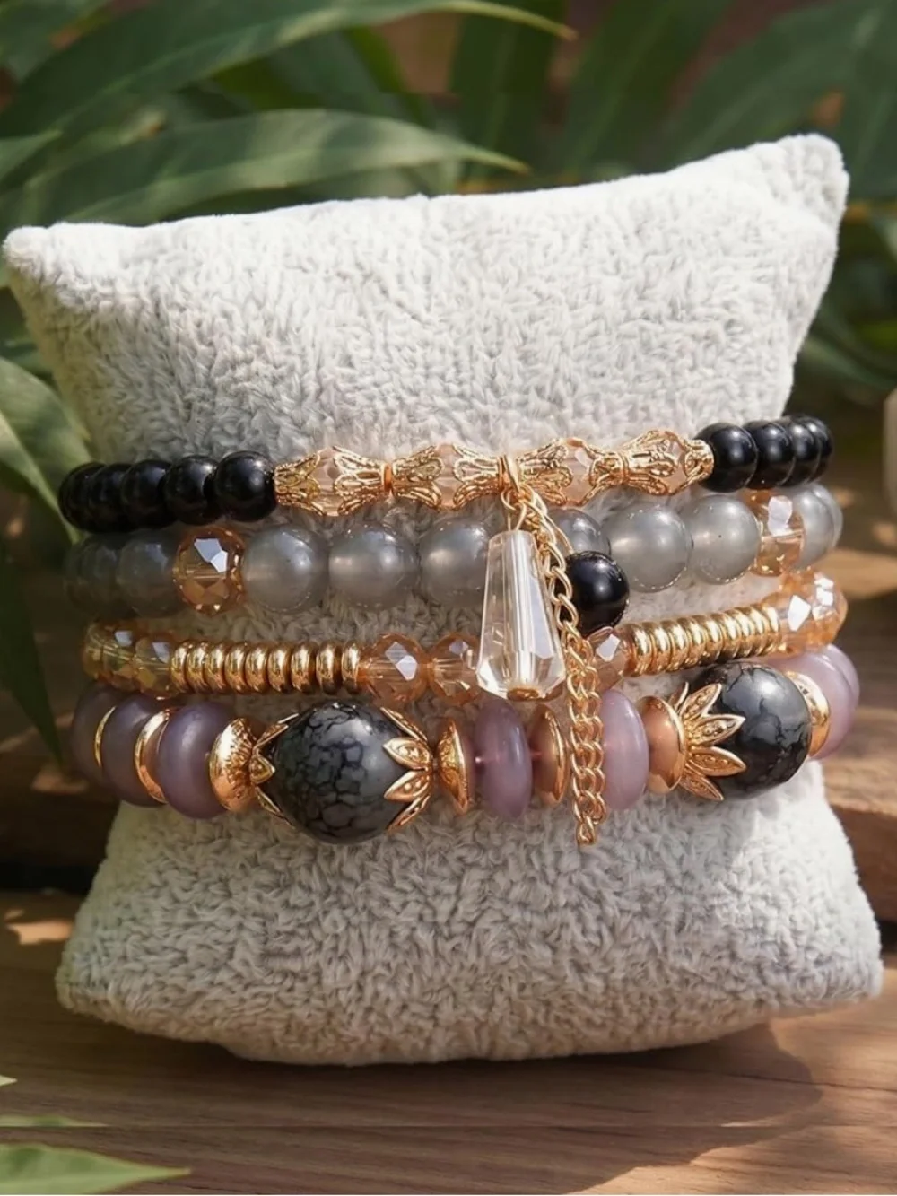 Anthropologie Gold, Gray, Black and Mauve Stacked Beaded Bracelet Set